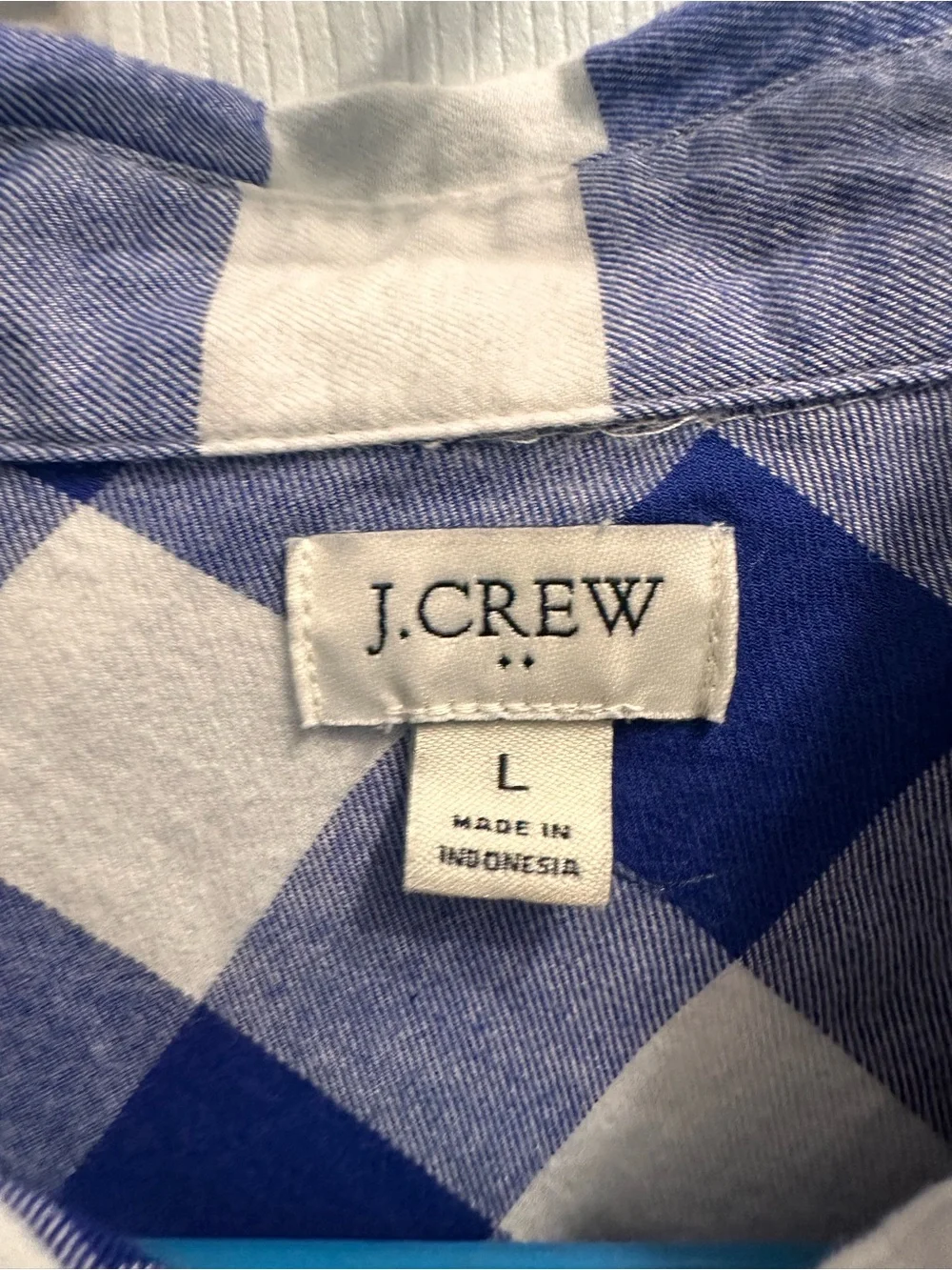 J. Crew Blue and White Buffalo Check Button-Down Shirt size L.